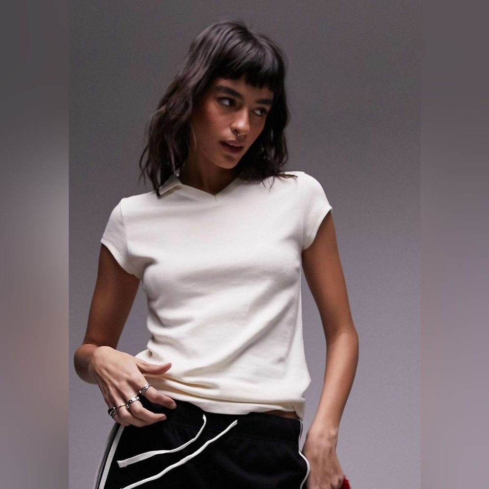 Topshop tipped shrunken polo top in stone NEVER WORN